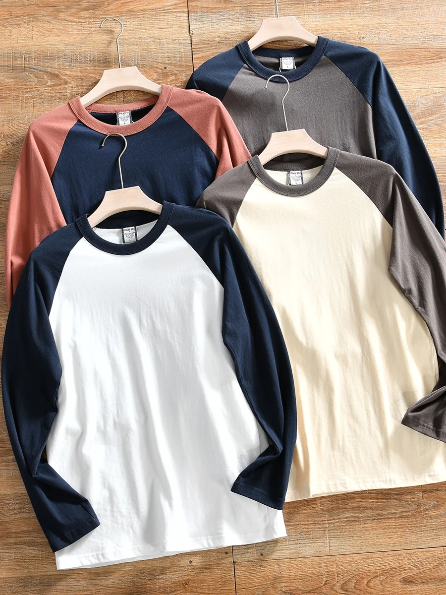 HK Order 100% Brushed Cotton Shoulder Sleeve T-Shirt Men's American Casual round Neck Long Sleeve Trendy Spring New Arrival