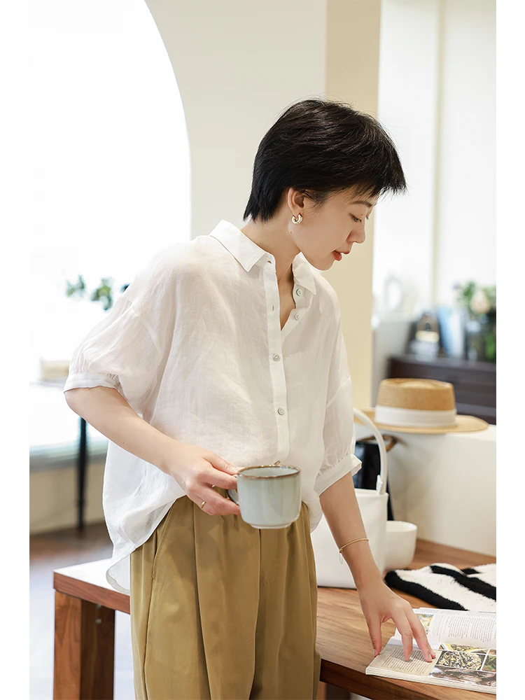 

2026 Summer New Simple Commuter Retro Art Design Loose Collar Shirt White Flax Loose Fit Breathable Women's Neck Shirt