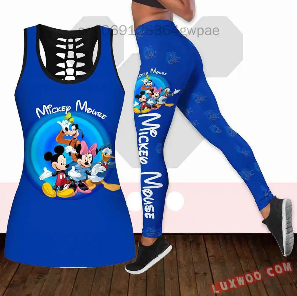 New Mickey Mouse Women's Hollow Vest + Womens Leggings Yoga Suit Fitness Leggings Sports Suit Disney Tank Top Legging Set Outfit