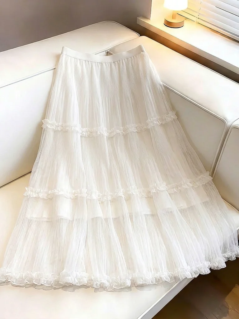 Elegant Wooden  Lace Skirt Mid-Length Elastic Waist A-Line Half Body Summer New Style plus Size Women's Skirts