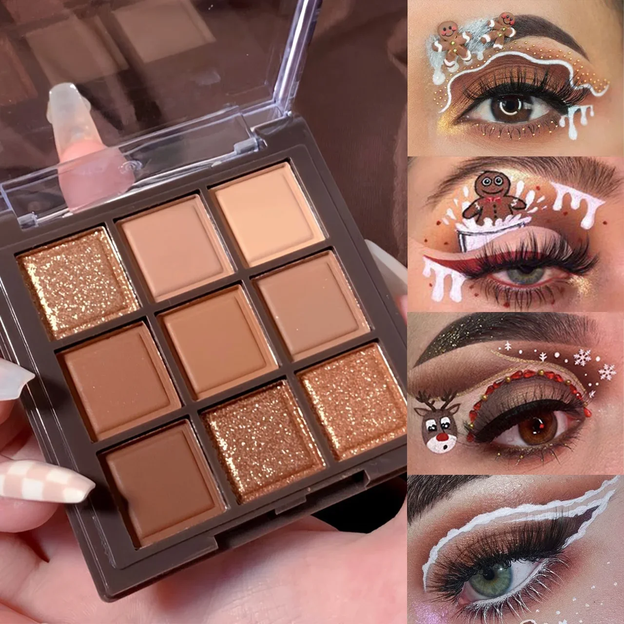 Mocha Chocolate-paleta de sombras de ojos, 9 colores, brillo mate, resistente al agua, a prueba de sudor, maquillaje de larga duración, maquillaje de ojos navideño