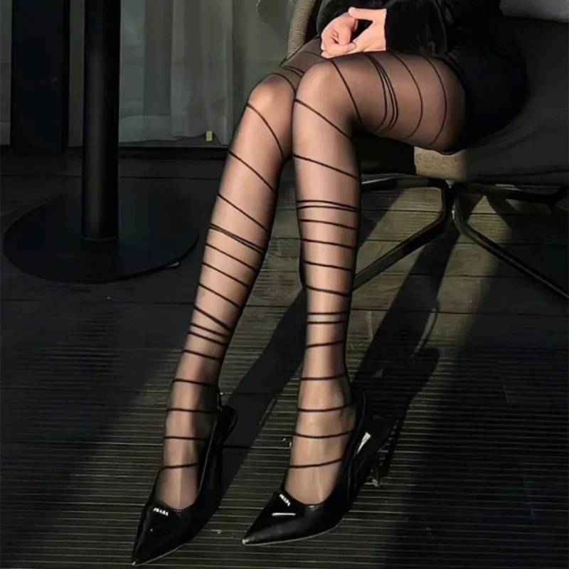 Irregular Striped Tights Women Sexy Lingerie Thigh High Stockings Pantyhose Y2k Girls High Waist Body Stockings Pantyhose Tights
