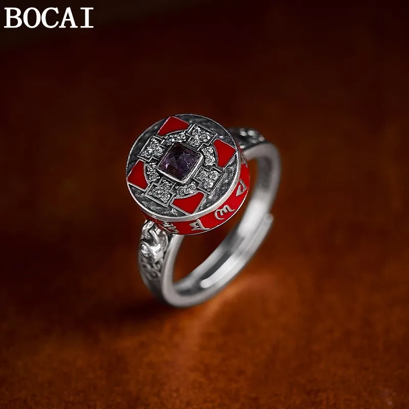 

BOCAI New S925 Silver Simple And Fashionable Enamel Color Zodiac Year Six Character Mantra Pendant Ring Women's Selected Gift