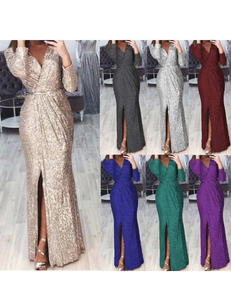 Autumn New Women's Solid Long Skirt Evening Gown Deep V-neck Sparkly Dress Skirt Dinner Sexy Dress Elegant Lady Party Dress