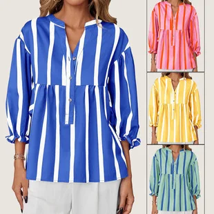 Nuove donne vintage oversize manica corta strisce camicia camicetta primavera estate bottoni allentati top casual signora camicie 2025 Blusas