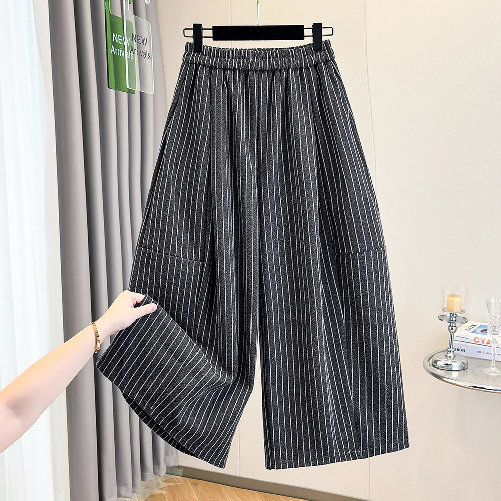 Autumn Winter Stripe Wide Leg Pants Nine Points High Waist Elastic Waist plus Size Women's Trousers Casual Black Grey