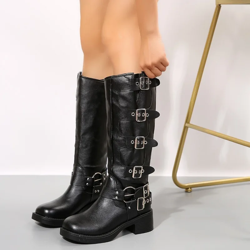 Women's High Boots 2025 New Spring and Autumn Low Heel Motorcycle Boots Trendy Belt Buckle Design Women's Slip-on Fashion Boots