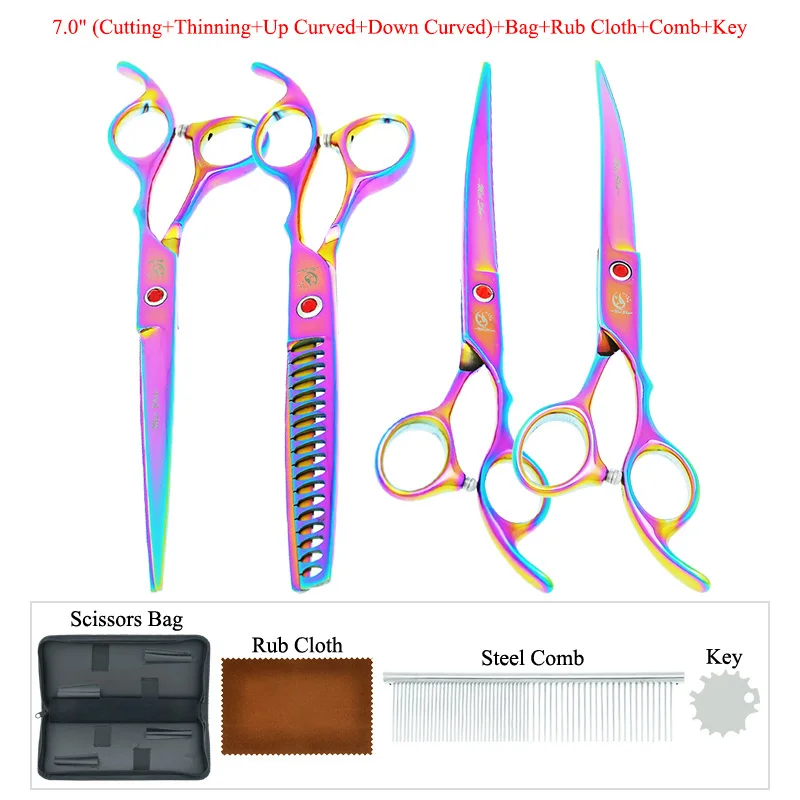 7.0 Inch Japan Steel Pets Straight Cutting Scissors Set Dog Cat Grooming Shears Up Down Curved Cutting Thinning Scissors B0012A