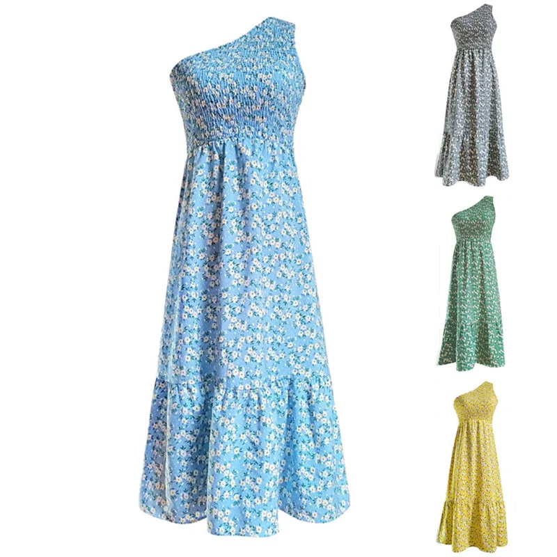 Female Dress Superior Quality Summer Sleeveless Off Shoulder High Waist Print Dresses Casual Vestidos Dropshipping CCMM3016