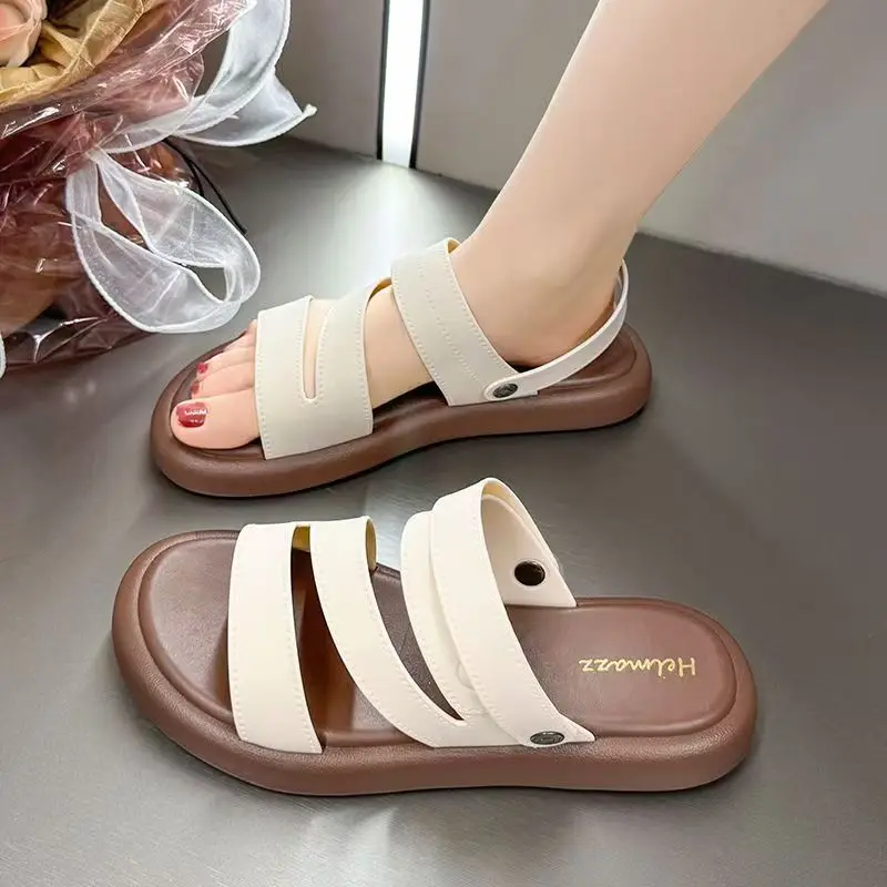 Sandalias de playa al aire libre de doble uso para mujer, zapatilla, novedad de verano, sandalias de vacaciones impermeables con punta abierta y suela plana antideslizantes