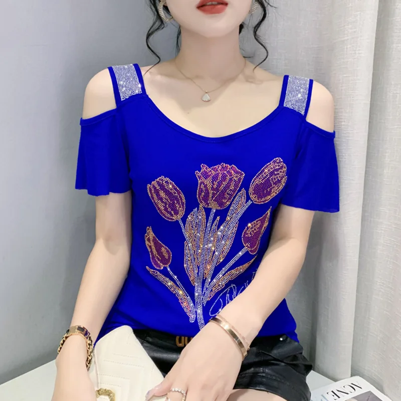 

New Women's Fashion Summer Short Sleeved Off The Shoulder Women Mesh Tops Elegant Slim Hot Diamond Female T-Shirt