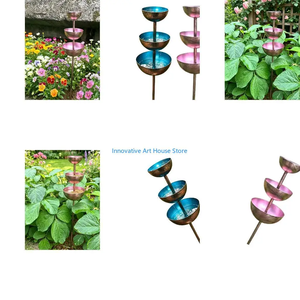 E1PC Garden Bird Water Station, Metal 3 Bowl Bird Bath Stake Decoration with Soil Post for Open Yard Display and Flower Bed Use