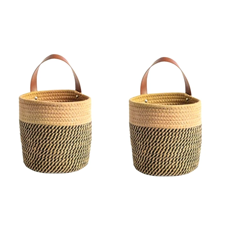 

2Piece Hanging Basket Desktop Woven Storage Basket Yellow & Black Cotton Rope Nordic Portable Kitchen Ware Basket