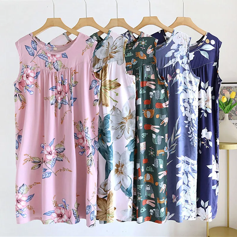 Printing Night Dress Women Sleepwear Cotton Sleeveless Sexy Nightgowns For Female Nightwear Loose Mid-Long Nightdress