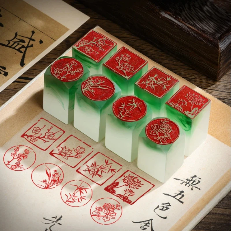 Chinese Style Orchid Bamboo Finished Stamps Seals Resin Round Square Stamps Carving Chinese Painting Hard Pen Calligraphy Stamps