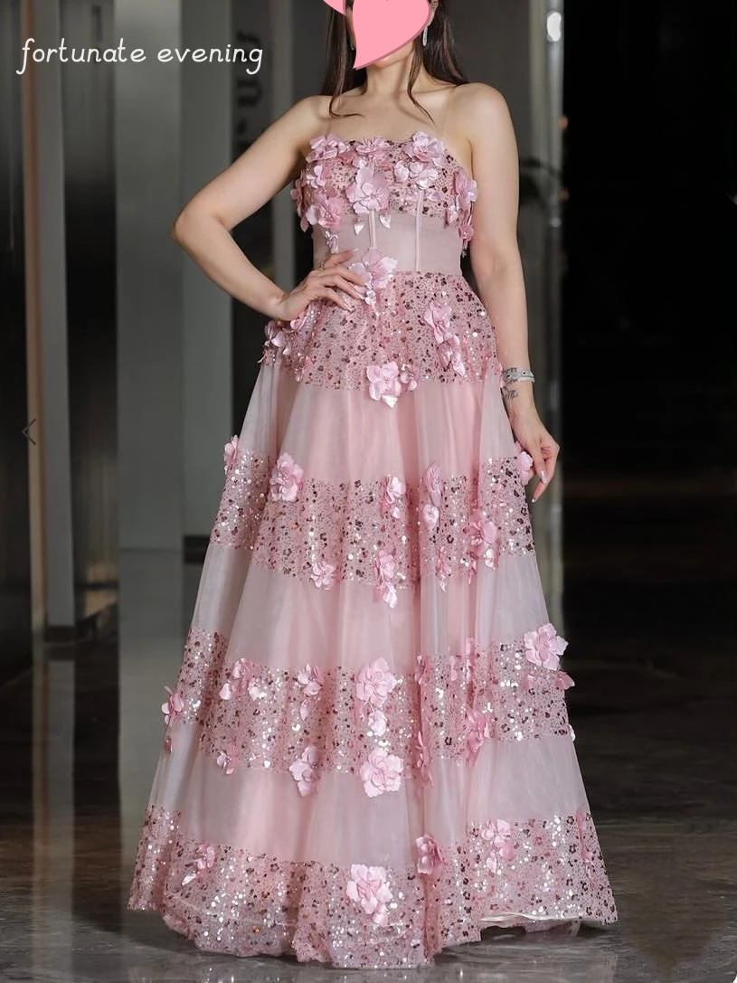 

Fortunate Evening Elegant Vintage Sweet Pink Flowers Lace Princess Customized Formal Occasion Prom Dress Evening Party Gowns