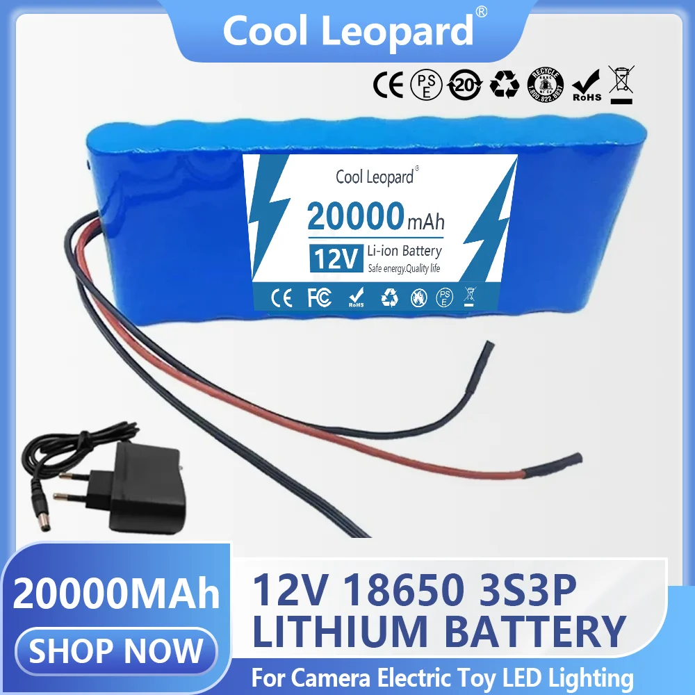 

18650 12V Lithium Ion Battery Pack Super Large Capacity 20Ah 3S3P Rechargeable Battery for CCTV Cam Monitor with BMS Charger