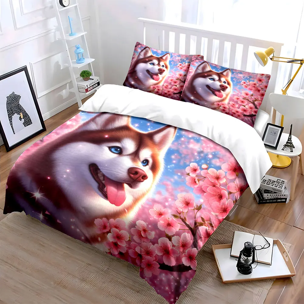 Adorable Red Husky with Cherry Blossoms 3PCS Bedding Set Soft Microfiber Bedding Set for Dog Lovers & Spring Vibe Bedroom Decor