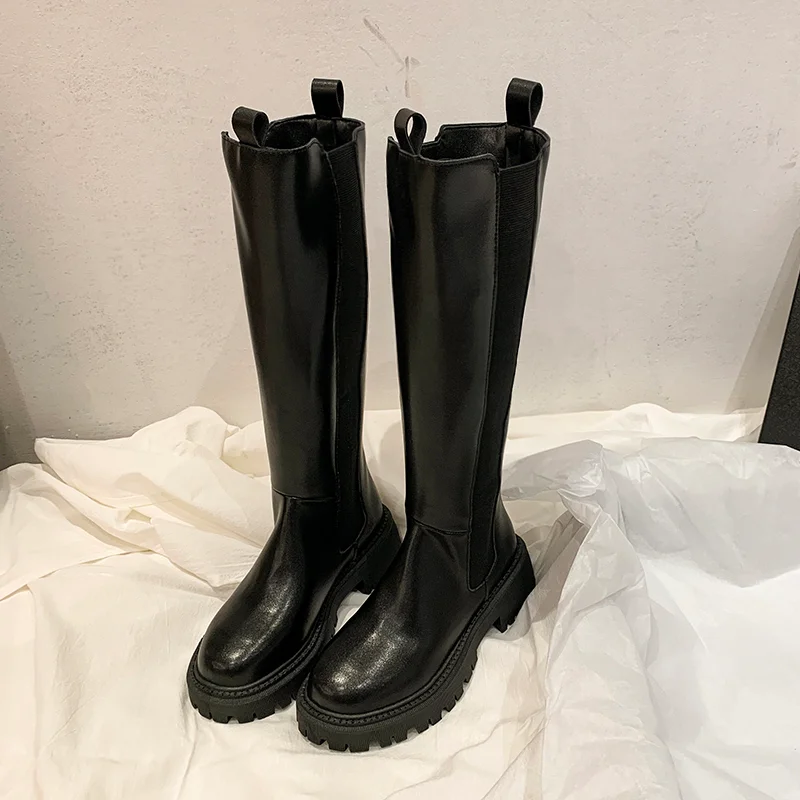 

Высокие сапоги, женские модные туфли до колена на плоской подошве, зимние трендовые мотоциклетные ботинки 2025, новые дизайнерские ботинки челси Mujer