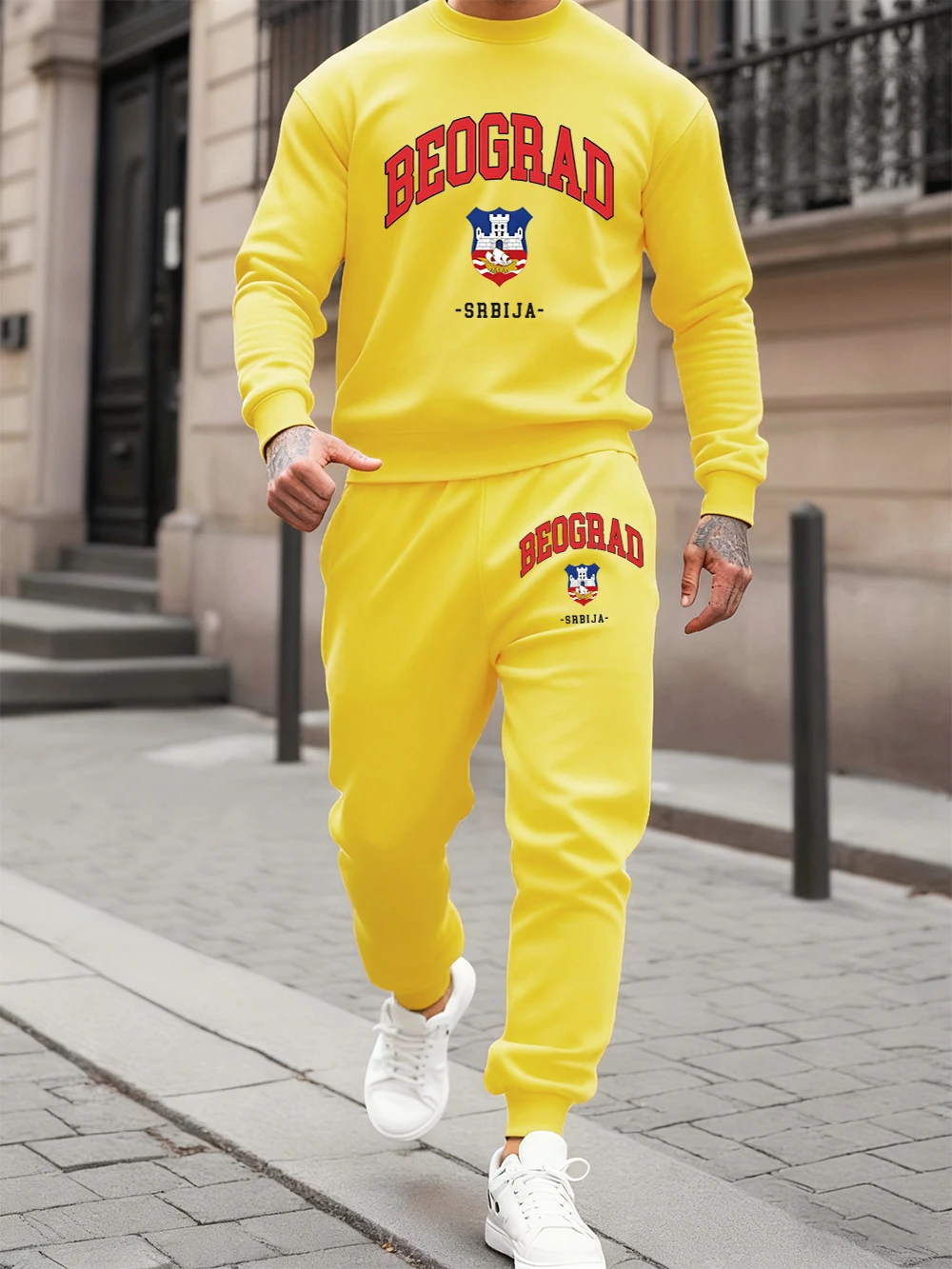 

Комплект из 2 предметов с капюшоном для мужчин Белград Srbija, спортивные штаны с местным принтом, повседневные флисовые теплые спортивные штаны с круглым вырезом и капюшоном, зимняя свободная одежда
