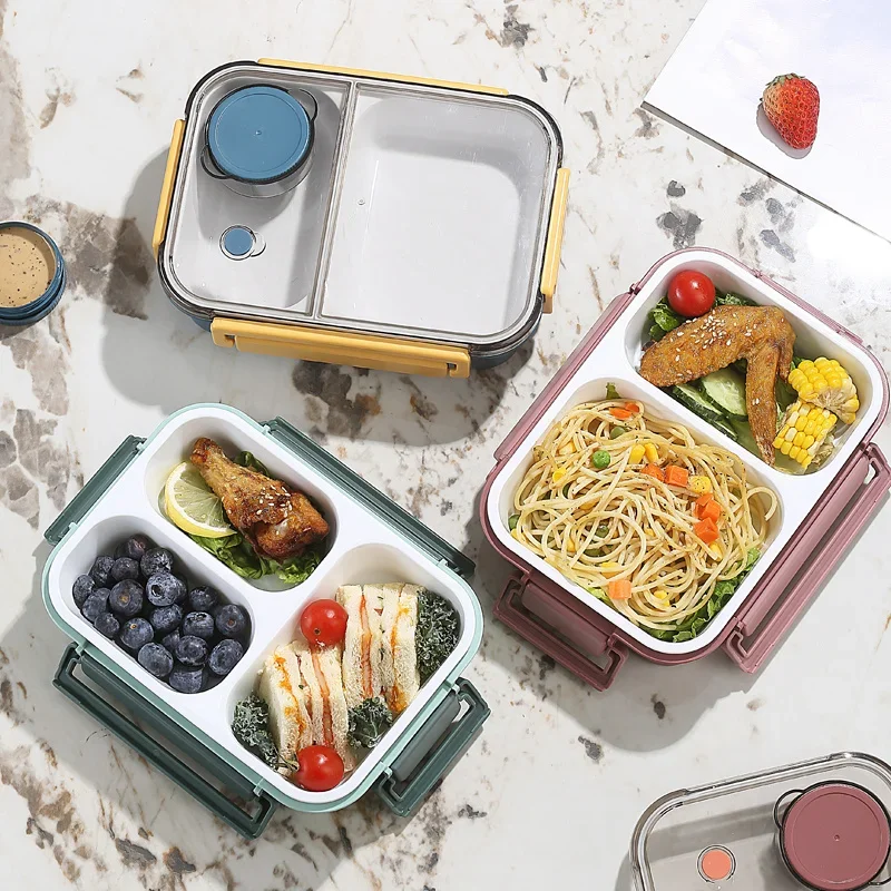 Lunch Box for Kids Plastic Portable Microwave Bento Box with Tableware Sauce Box Leakproof Food Storage Containers Compartment