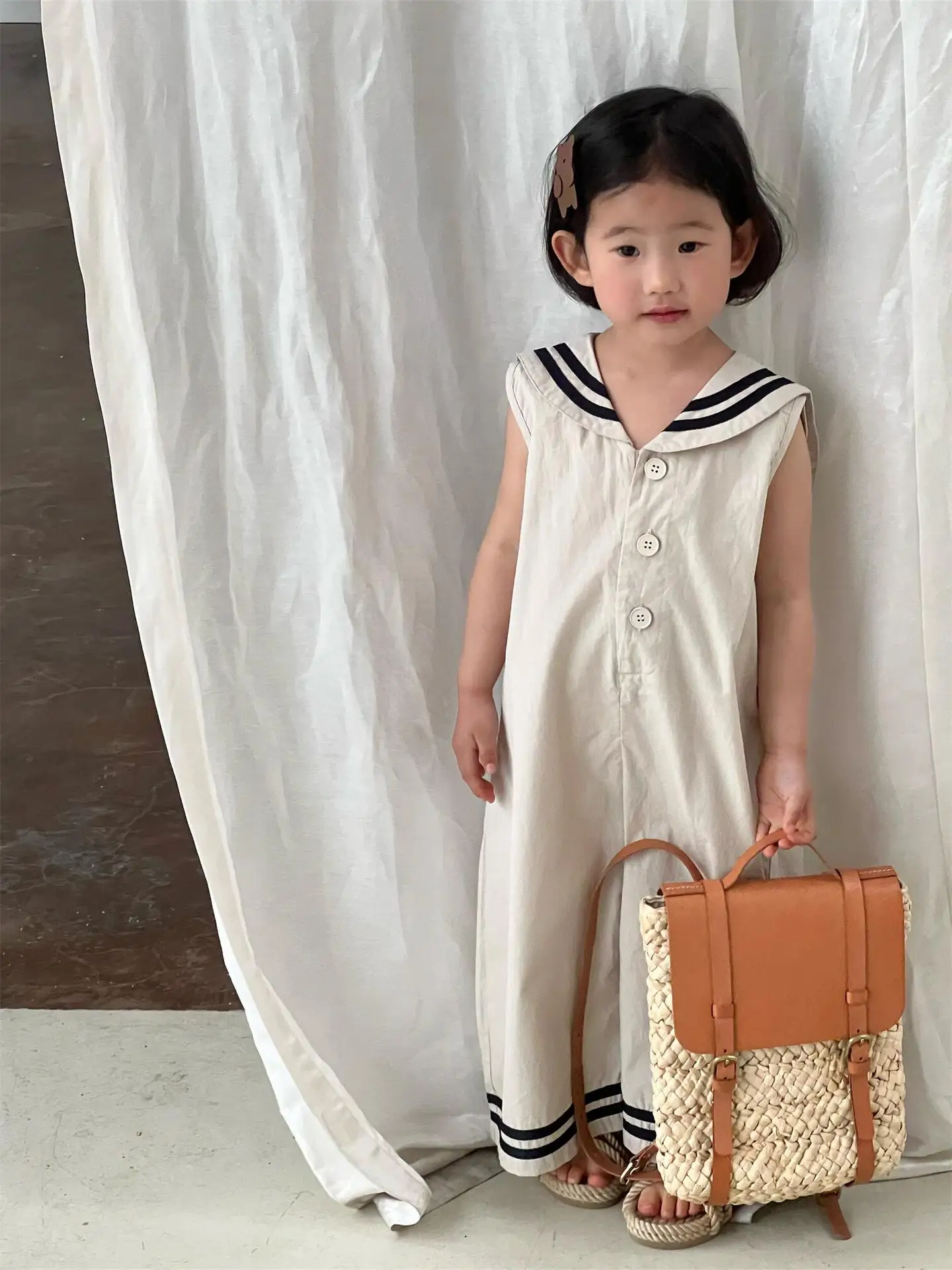 Korean Children\'s Jumpsuit 2023 Summer New Sailor Collar Navy Girl\'s One Piece Clothes Sleeveless Wide-leg Pants