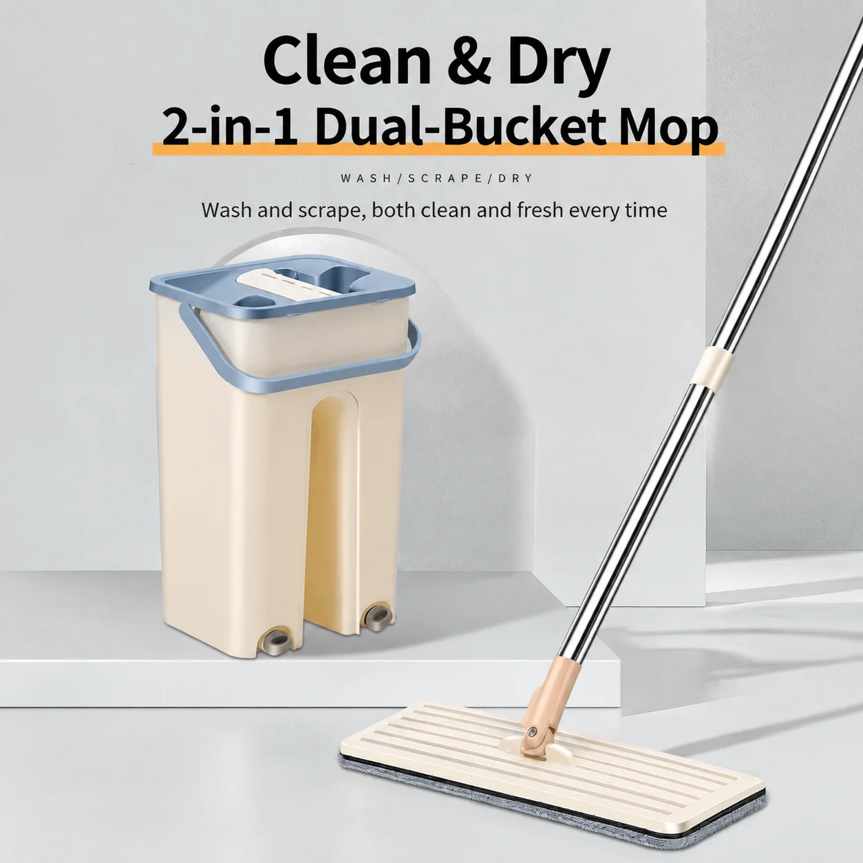Microfiber Flat Mop Wringing Bucket Mop for Cleaning Tiles and Walls Suitable for Wood Glass Composite and Ceramic Tile Floors