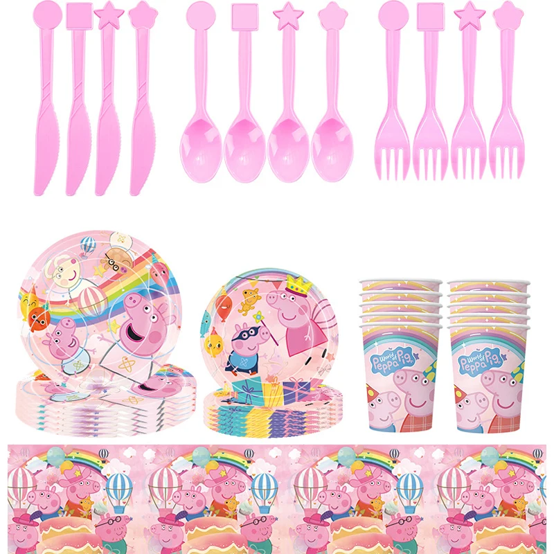 Peppaed Pig Hapoy Birthday  Party Supplies Cartoon George Plate Paper Cup Tissue Tablecloth Set Birthday Decorations