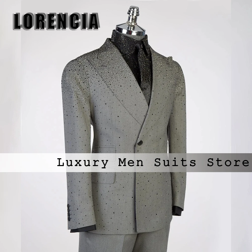 Simple Crystal Suits for Male 2 Pieces Double Breasted Evening Party Tuxedos Customized Blazer Pants costumes homme Men's Cloth