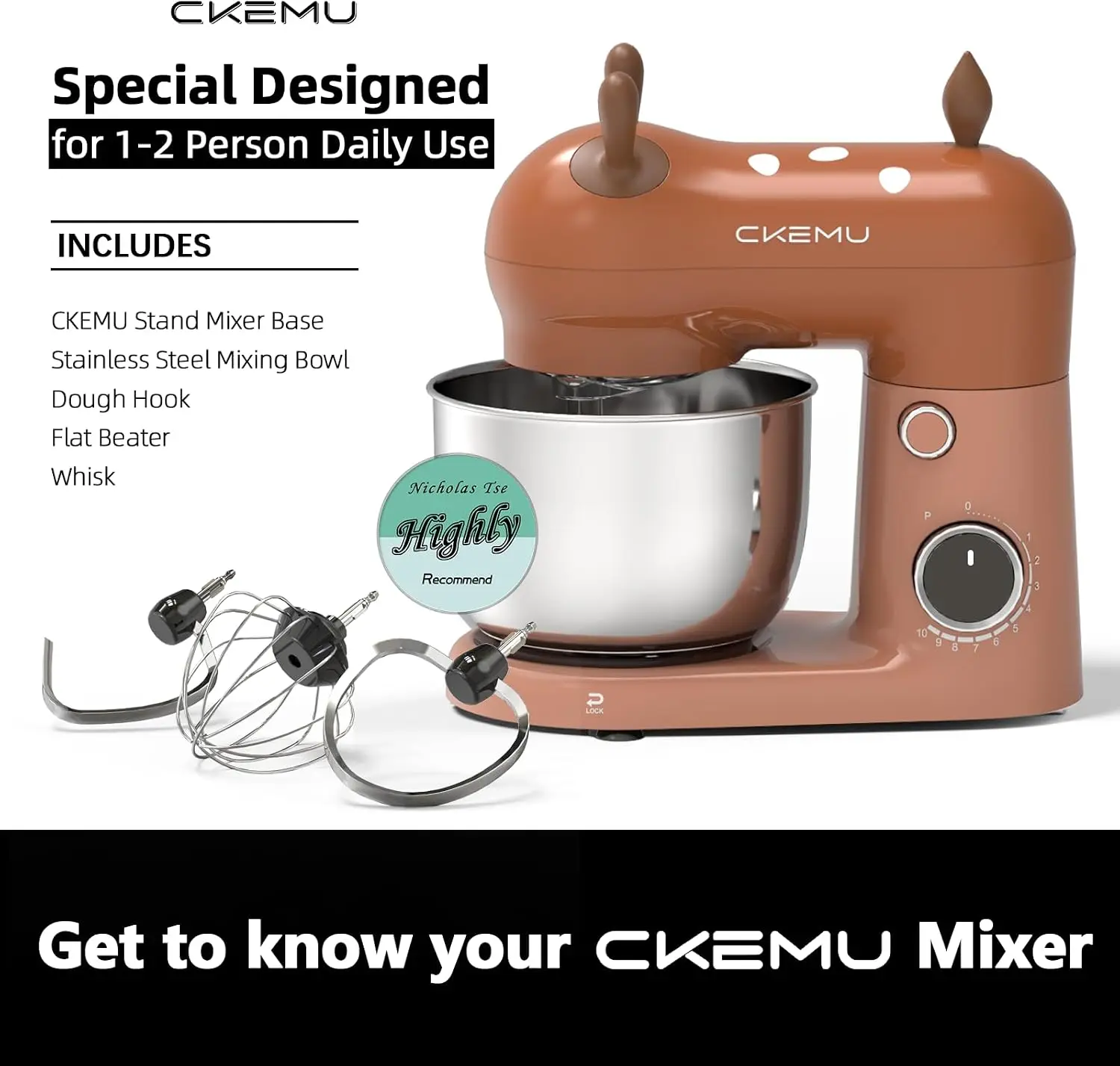 Compact Stand Mixer, Space-Saving, Stainless Steel Bowl, Playful Design, 300W Motor, Dishwasher-Safe Attachments, Brown