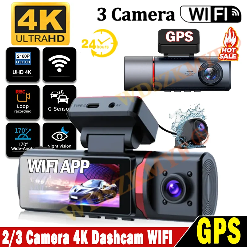 

4K Car Dvr 2/3Channels Video Recorder Wifi Front inside Rear View Camera DashCam for Cars Camera 24H Parking Monitor Black Box