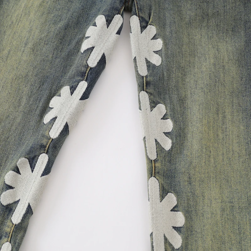 Mini Bell-bottoms LOST SHDWS Jeans Men Women High Quality Embroidery Floral  American Casual Denim Pants Trousers Leather Tag