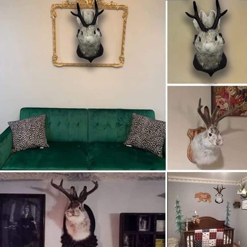 Indoor Bedroom Sculpture Bunny Head Antlers Wall Hanging Decoration Jackalope Decor Animal Wall Mount for Home Wall Decoration