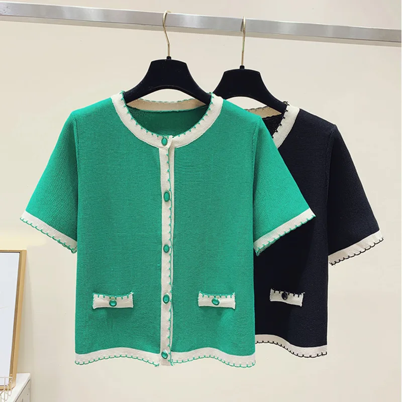 Summer Vintage Short Sleeve Sweater Cardigan Women Contrast Thin Knitted Cardigans Crop Tops Temperament Short Style Tees Coat