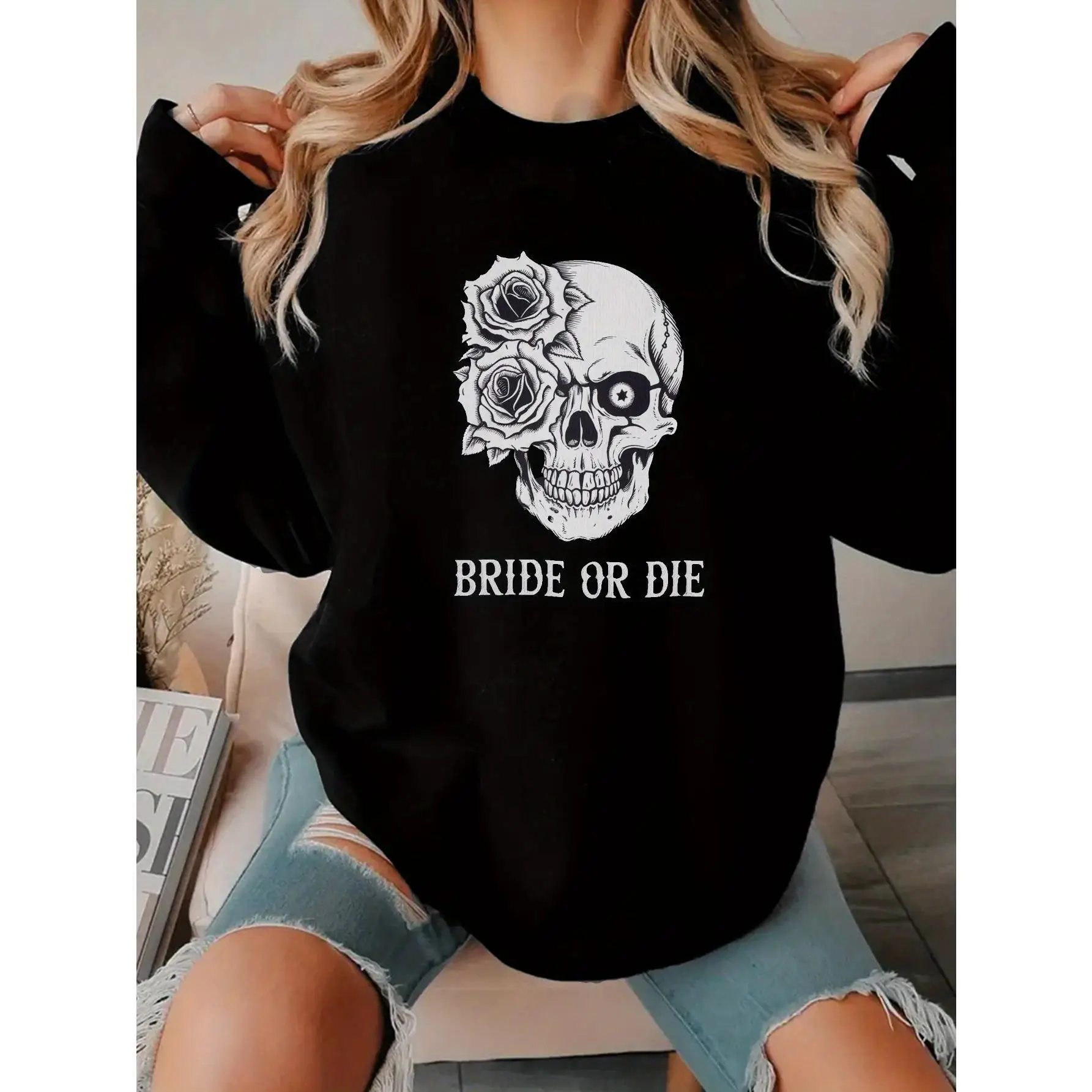 

Bride Or Die Crewneck Sweatshirt, Gothic Skull Rose Pullover, Bachelorette Party Gift for Bride to Be, Wedding Party Top