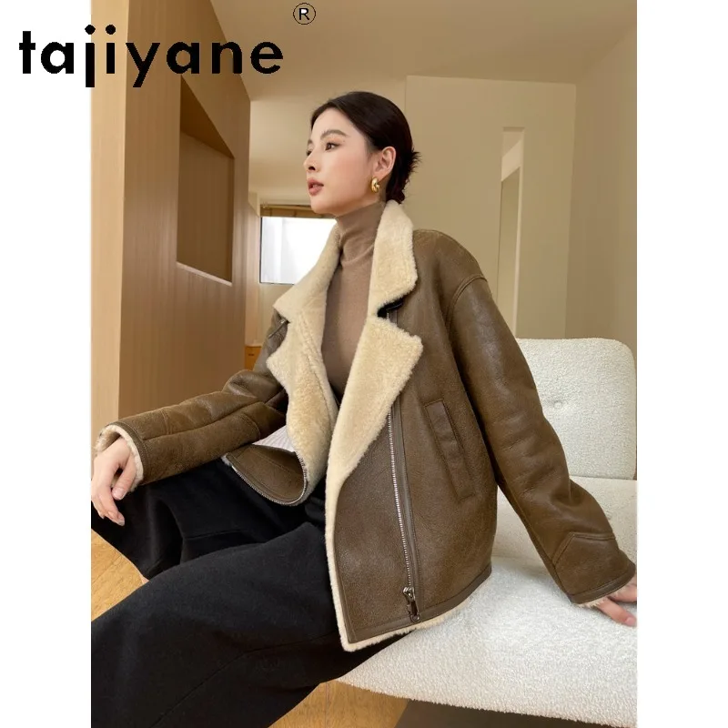 TAJIYANE Natural Sheep Shearling Real Fur Coat Woman Biker Coats for Woman Clothing Vintage Outerwear Loose Fur Jacket Шуба 2026