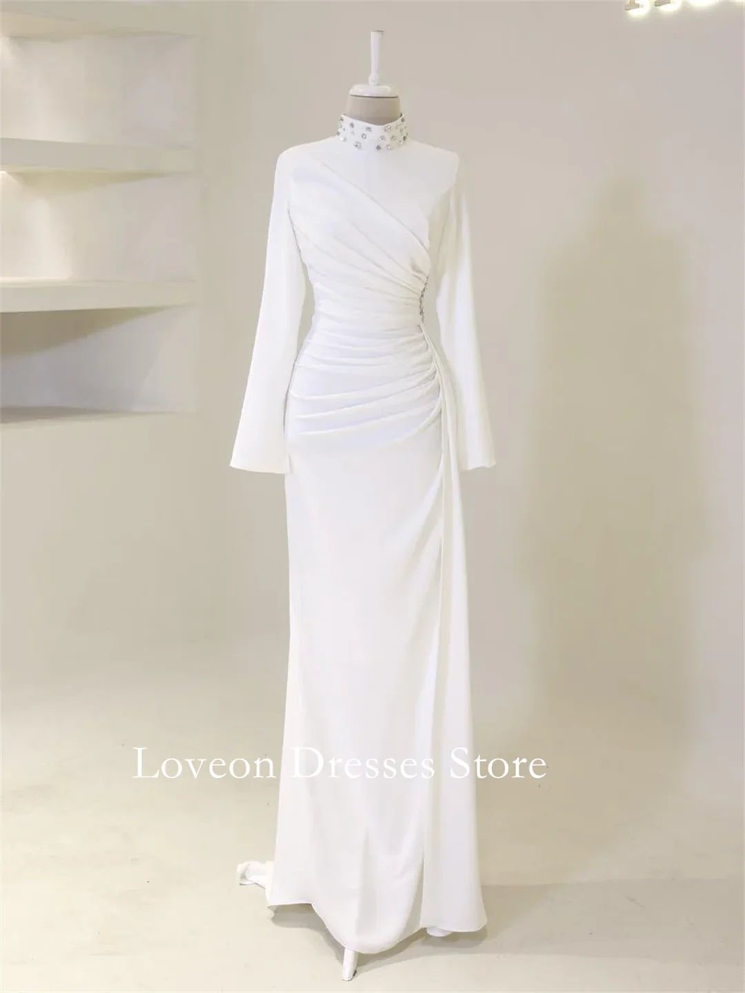 Alta pescoço crepe cetim formal vestidos de noite sereia mangas completas estilo árabe personalizado elegante baile de formatura crescidos festa feminina