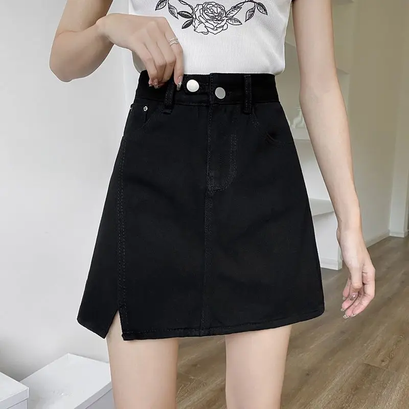 Women's Summer New Trendy High Waist Slimming Denim Skirt Side Slit A Line Bodycon Short Skirt Covering For Curvy Women