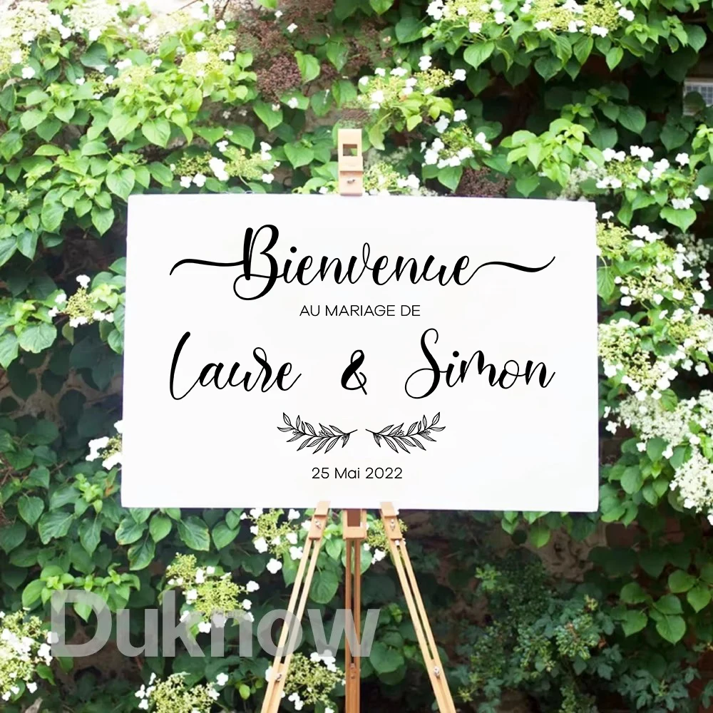 French Style Wedding Board Sticker Custom Names Date Vinyl Decal Wedding Welcome Sign Mirror Vinyl Mural Romantic Marriage Decor