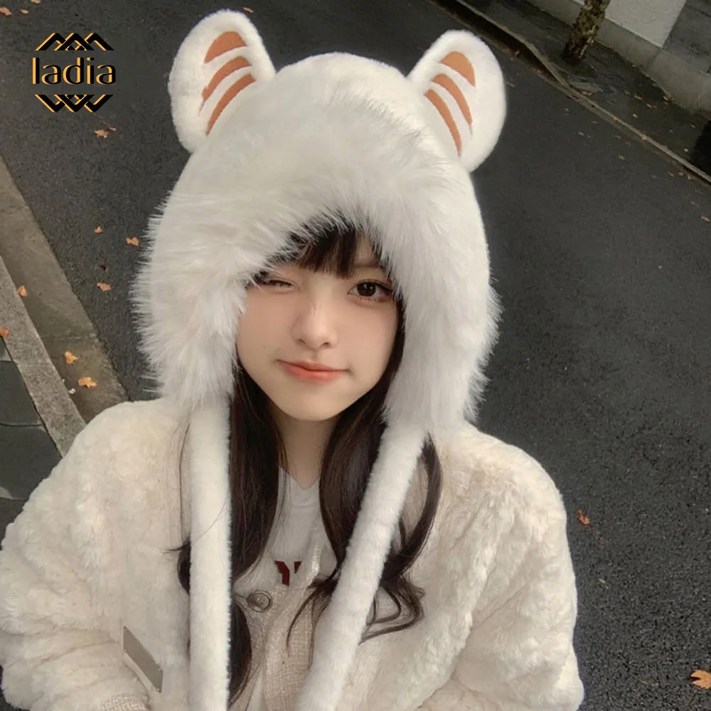 Winter Scarf Hat Sets for Women Cute Tiger Ears Furry Thick Hooded Fur Bonnet Plush Thicken Neck Warmer Scarves Two-Piece Set