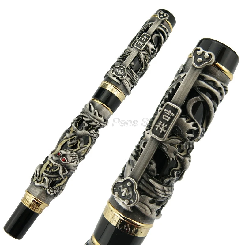 Jinhao Dragon Phoenix Design Fountain Pen, Metal Carving Embossing Heavy Pen, Noble Gray & Black For Office & School & Home