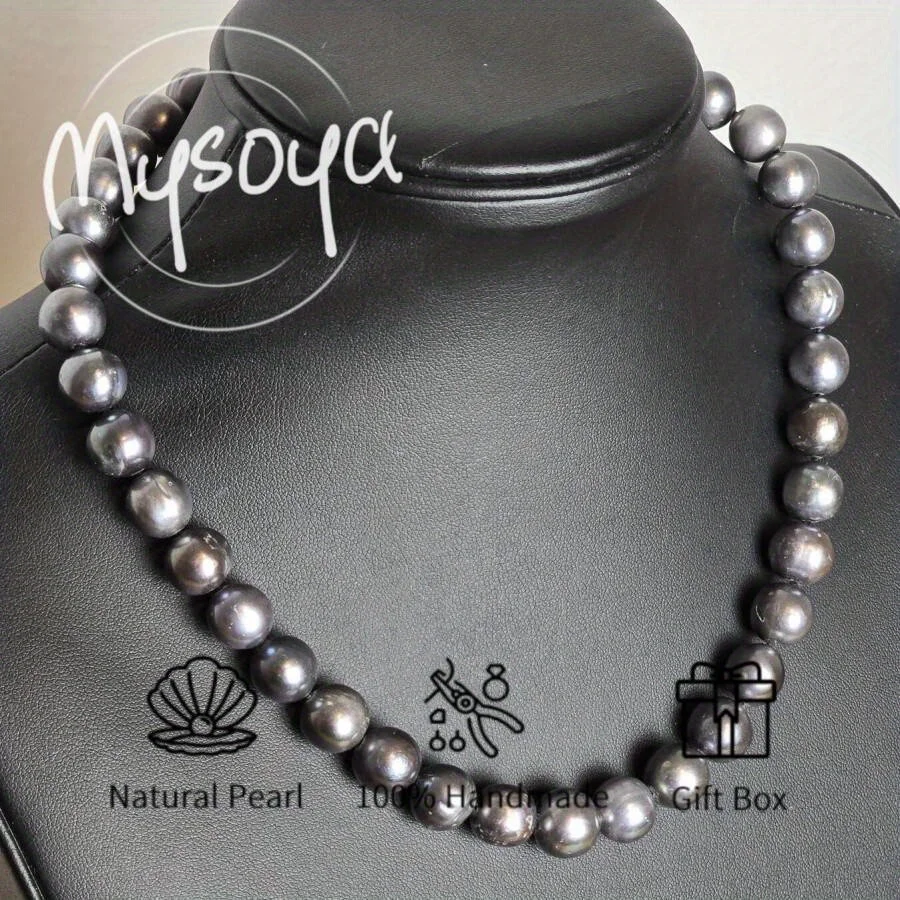 

MYSOYA 9-10 мм натуральный черный пресноводный жемчуг ожерелье для женщин и мужчин с подарочной коробкой день рождения, свадьба, годовщина, ювелирное изделие, подарок