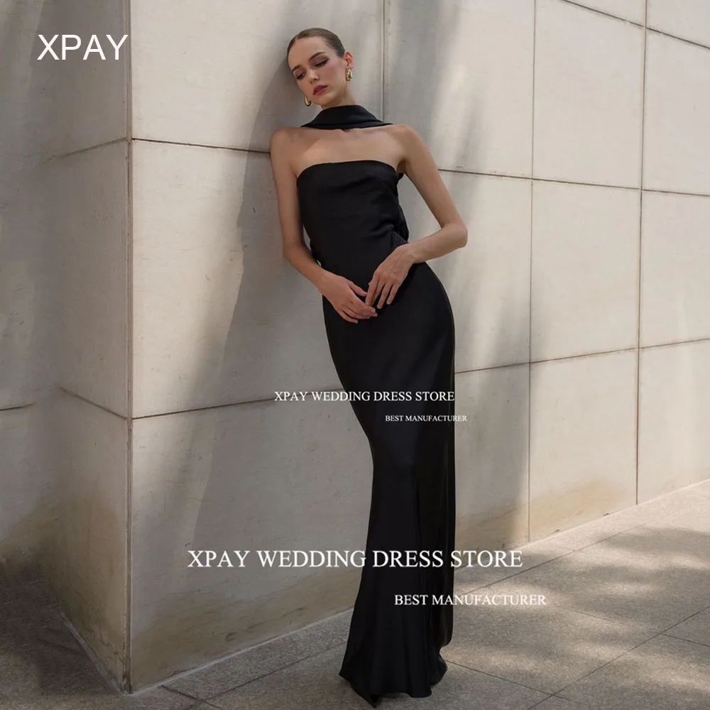 

XPAY Strapless Black Mermaid Evening Dresses With Cape Deep V Back Formal Prom Gown Backless Special Occasion Party Prom Dress