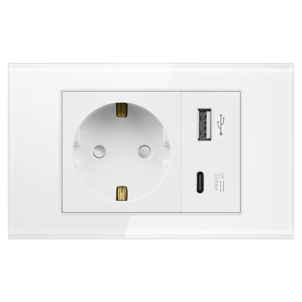 VISWE EU Standard Usb wall socket Type-C charger 5V 2A 118*72mm Tempered Glass Panel, electric plug 220v Usb  outlet