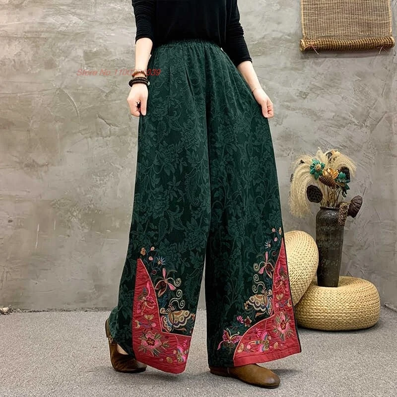 

2025 chinese vintage pants national flower embroidery elastic waist cotton linen jacquard trousers ethnic wide leg pantalones
