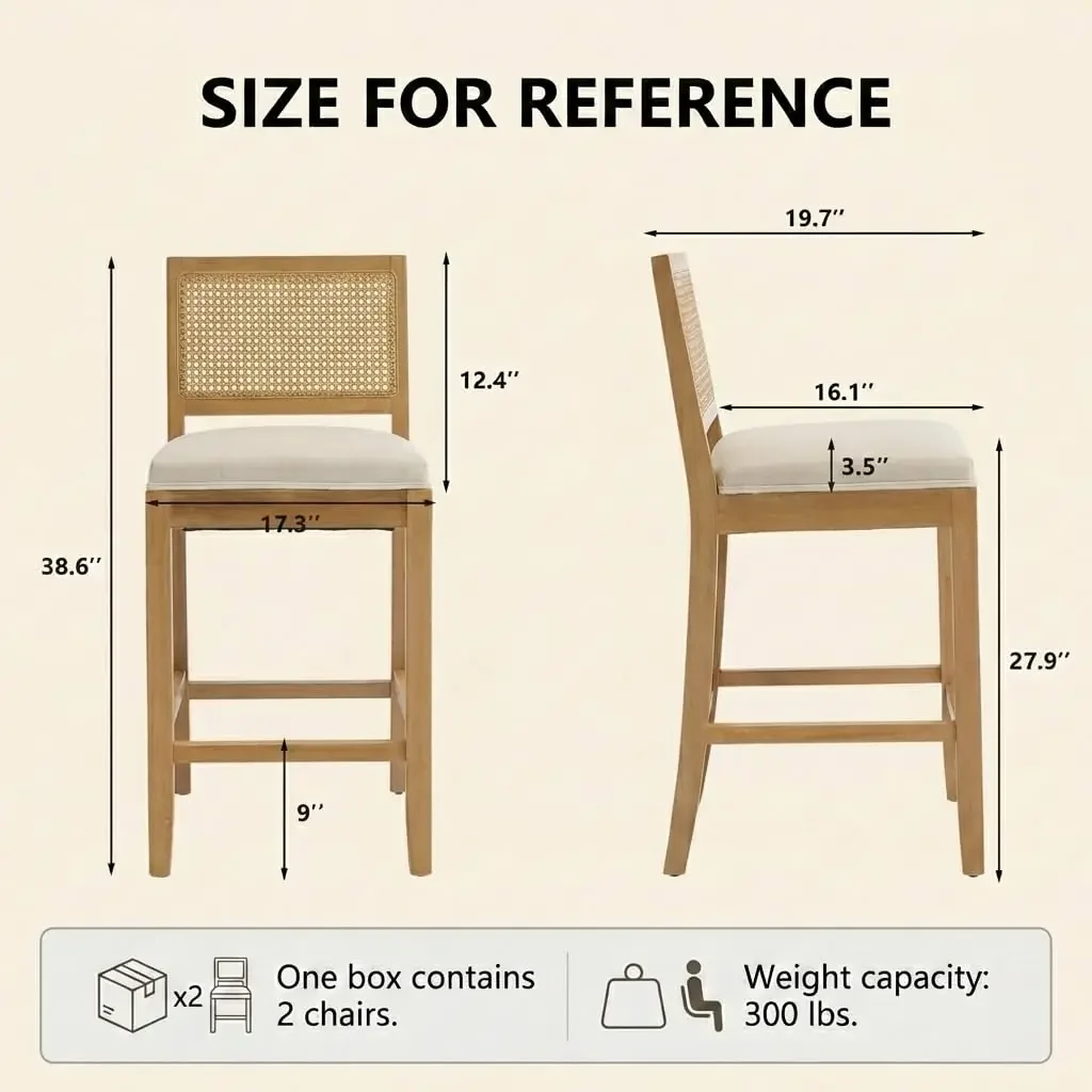 French Country Bar Stools Set of 4, Beige Rattan Counter Height Stools, Linen Upholstered, Farmhouse Wooden, Customized