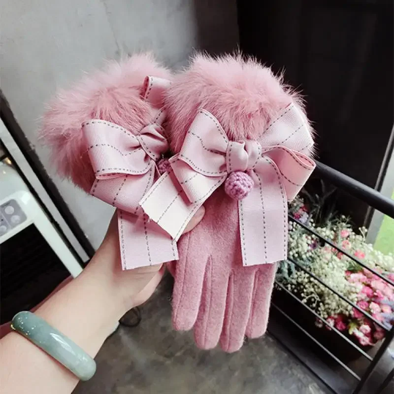 Cashmere Gloves Wool Piece Jump Point Bowknot Hair Ball Fashion Gloves New Korean Touch Screen Five-Finger Warm Gloves