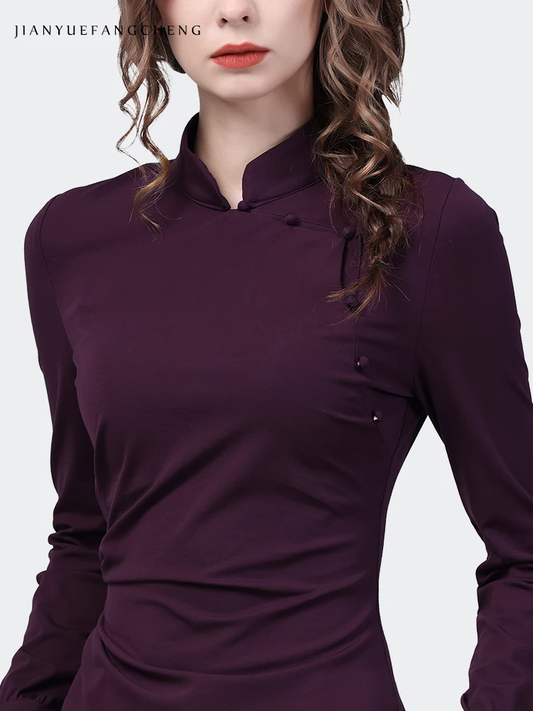 Stretching Skinny Purple Knitted Shirt Women\' 2024 Spring Summer Tops Long Sleeve Mandarin collar Cinched Waist Bottoming Shirts