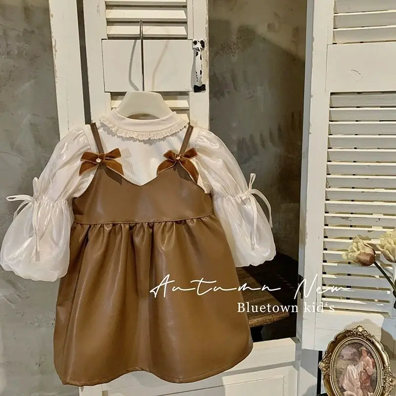 Girls Princess Clothes Spring Autumn Children Lapel A-Line Party Dress Kids Fake two pieces Elegant Puff sleeve Leather Skirt