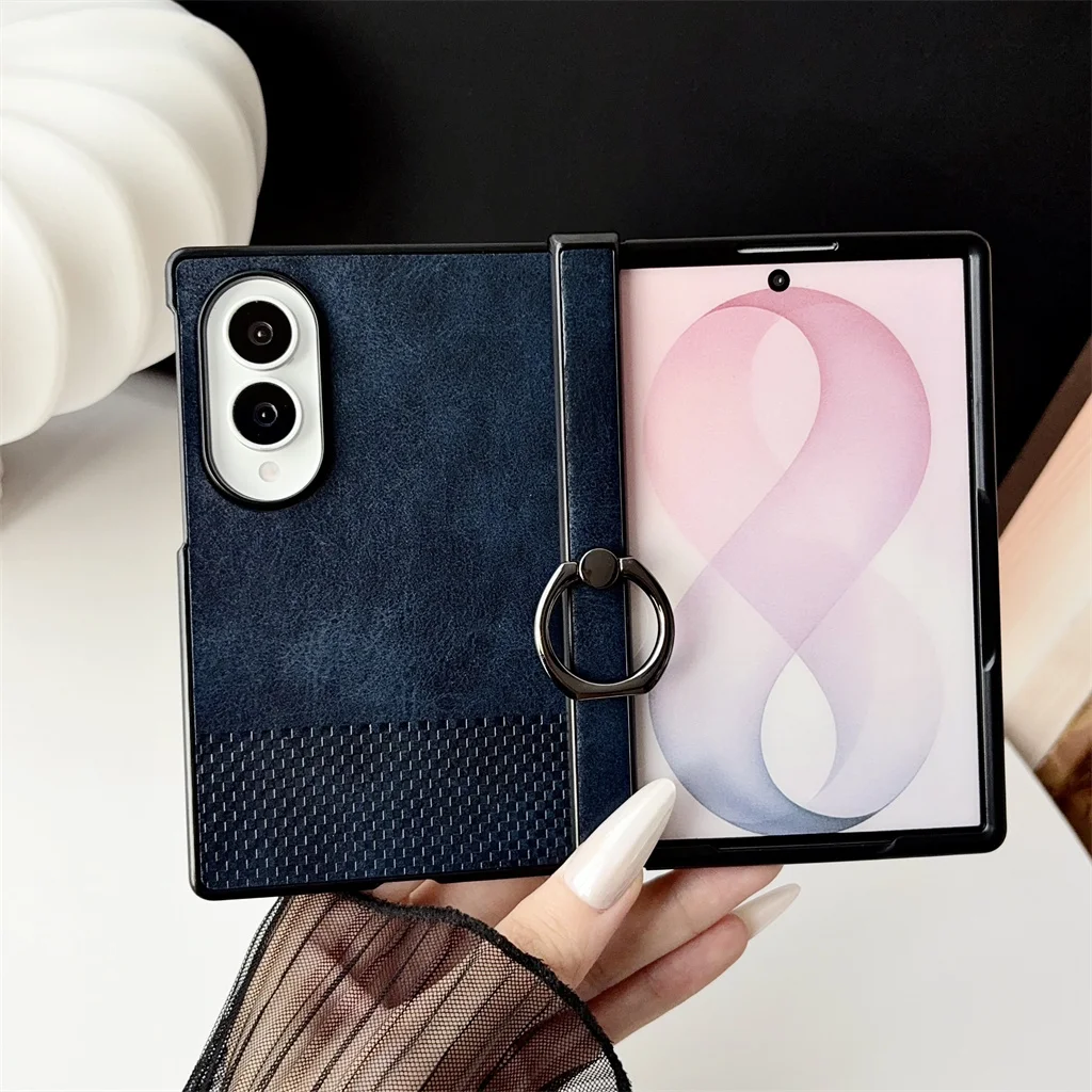 Hinge Full Protection Leather Phone Case For Samsung Galaxy Z Fold 8 Ultra Ring Holder Woven Texture Shockproof Hard Shell Cover